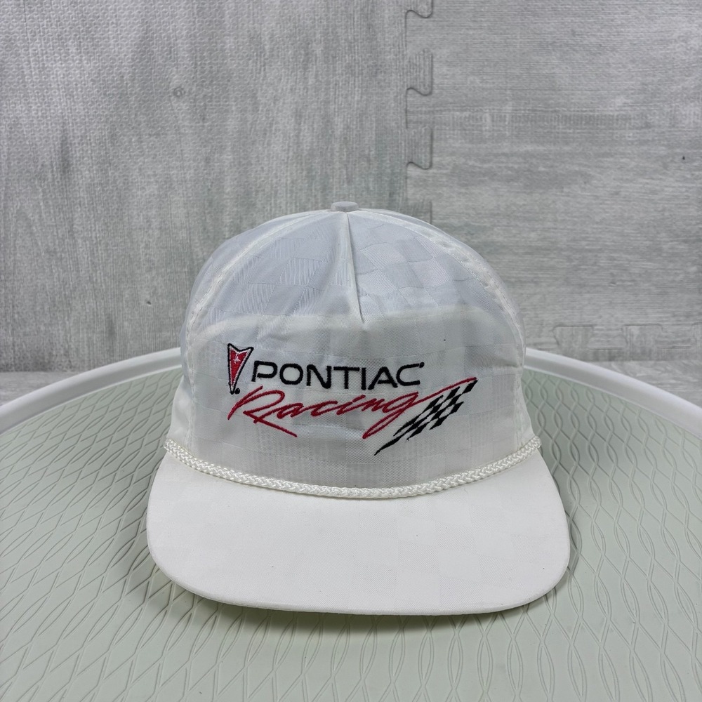 Vintage Pontiac Racing Hat Cap Snapback White Checkered NASCAR Racing Cars